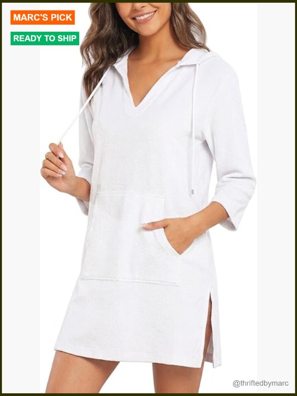 Hooded Terry Cloth Swim Cover Up Long Sleeve Coverup with Pocket